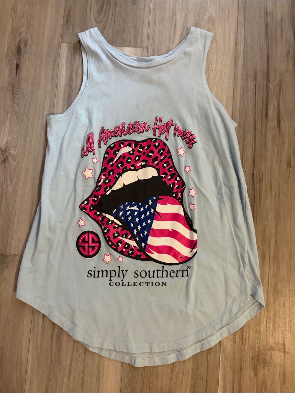 Simply Southern Light Blue Tank with Pink Leopard Lips Graphic
